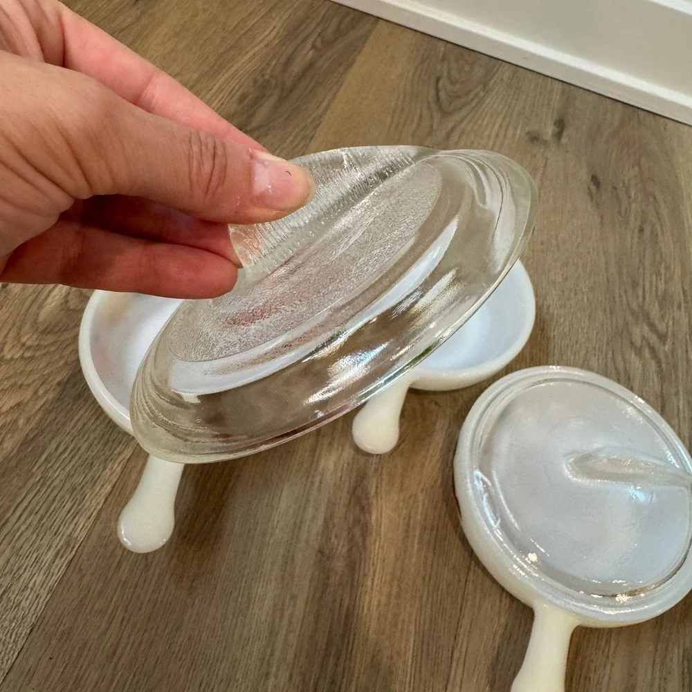 Vintage Glasbake Harvest Pear Milk Glass Soup Bowls with Fin Lids Set of 3 Small
